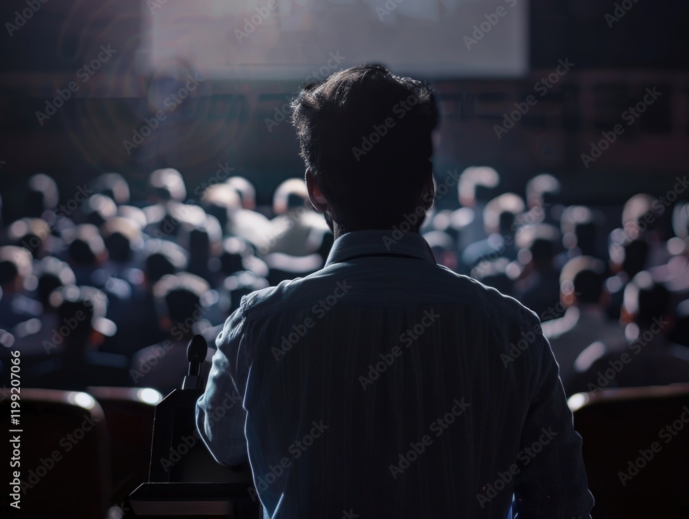 Man standing in front of projector screen, facing audience. Man standing in front of projector screen, facing audience.