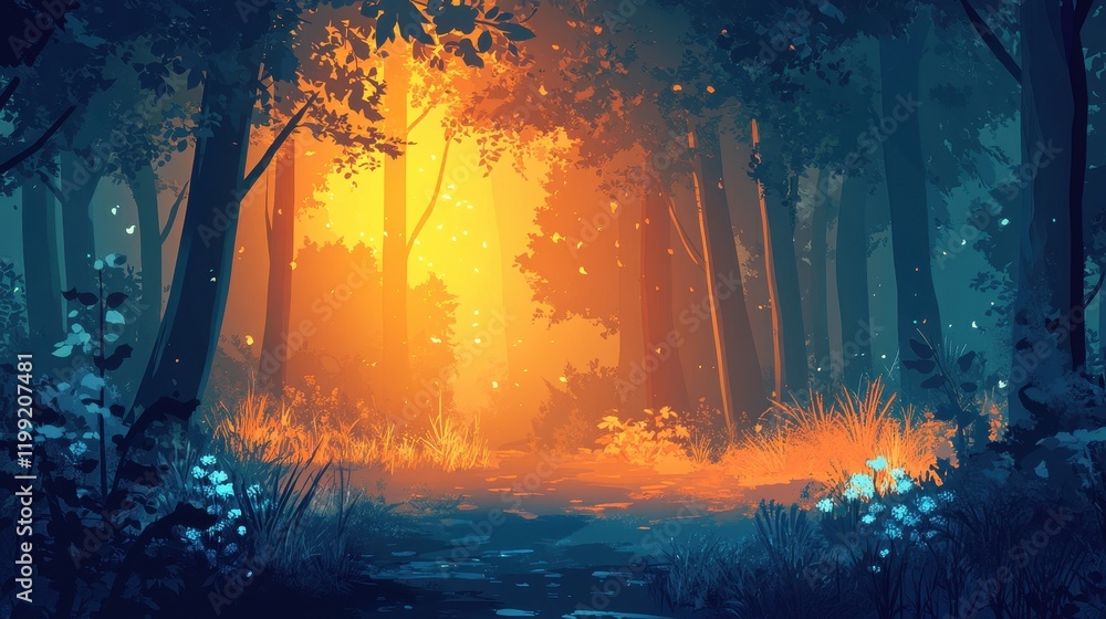 Fototapeta premium Golden Light Illuminates A Mystical Forest Path