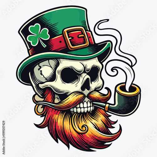 Cartoon leprechaun skull with whiskers and pipe stock illustration