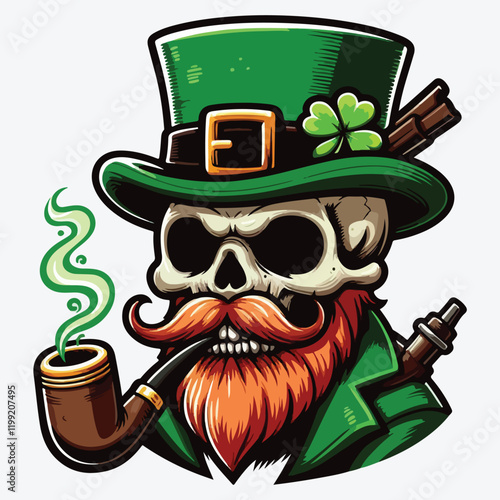 Cartoon leprechaun skull with whiskers and pipe stock illustration