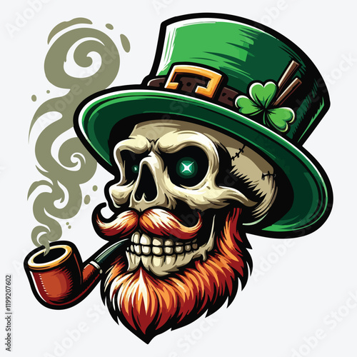 Cartoon leprechaun skull with whiskers and pipe stock illustration