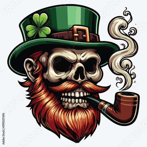Cartoon leprechaun skull with whiskers and pipe stock illustration