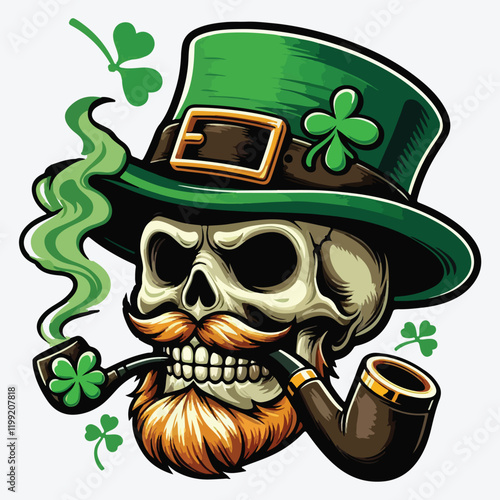 Cartoon leprechaun skull with whiskers and pipe stock illustration