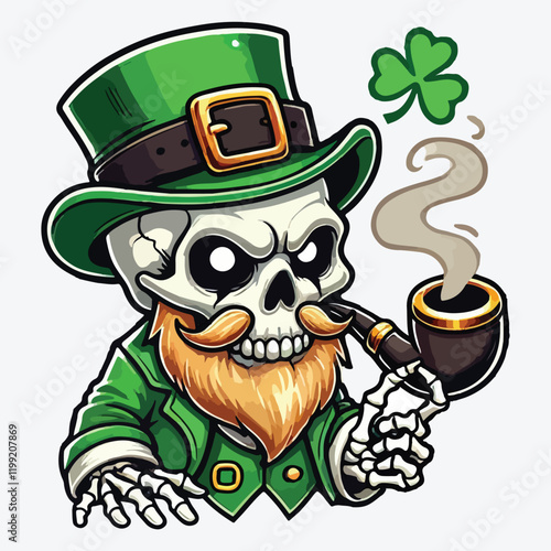 Cartoon leprechaun skull with whiskers and pipe stock illustration