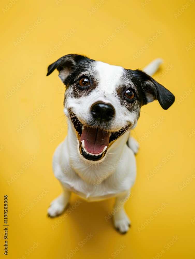 Happy little dog with joyful smile. Portrait of cute puppy with white and brown fur. Friendly, tail wagging pet. Happy little dog with joyful smile. Portrait of cute puppy with white and brown fur. Friendly, tail wagging pet.