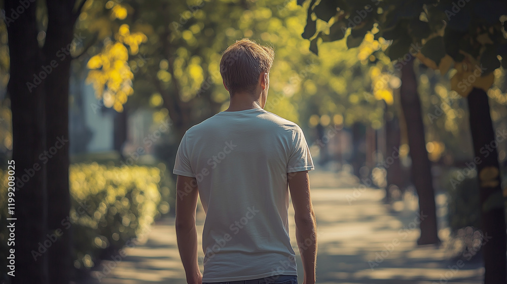 Obraz premium Man walking on autumn path from behind. Great for life journey, personal development, or mindful living content.