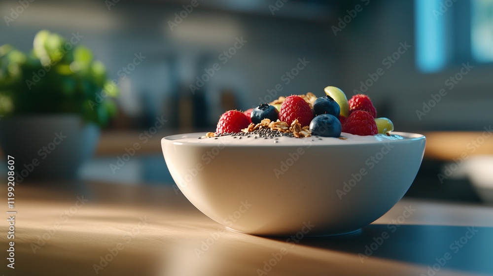 A cozy kitchen setting with a smoothie bowl featuring vibrant layers of blended fruits, topped with fresh raspberries, blueberries, granola clusters, and a light dusting of chia se A cozy kitchen setting with a smoothie bowl featuring vibrant layers of blended fruits, topped with fresh raspberries, blueberries, granola clusters, and a light dusting of chia se