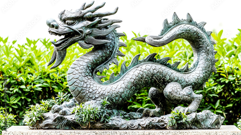 Fototapeta premium Magnificent Chinese Dragon Statue in a Lush Garden Setting. A Symbol of Power, Strength, and Good Fortune in Ancient Culture and Religion.