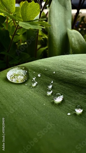 Beautiful large drop morning dew in nature, selective focus. Drops of clean transparent water on leaves. Sun glare in drop. Image in green tones. Spring summer natural background.
