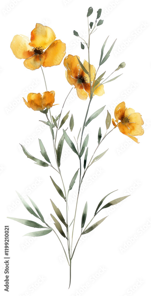 Obraz premium PNG Tiny yellow floral watercolor flowers art.