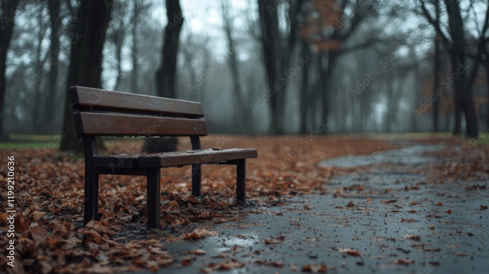 Empty park bench on a rainy autumn day. Empty park bench on a rainy autumn day.