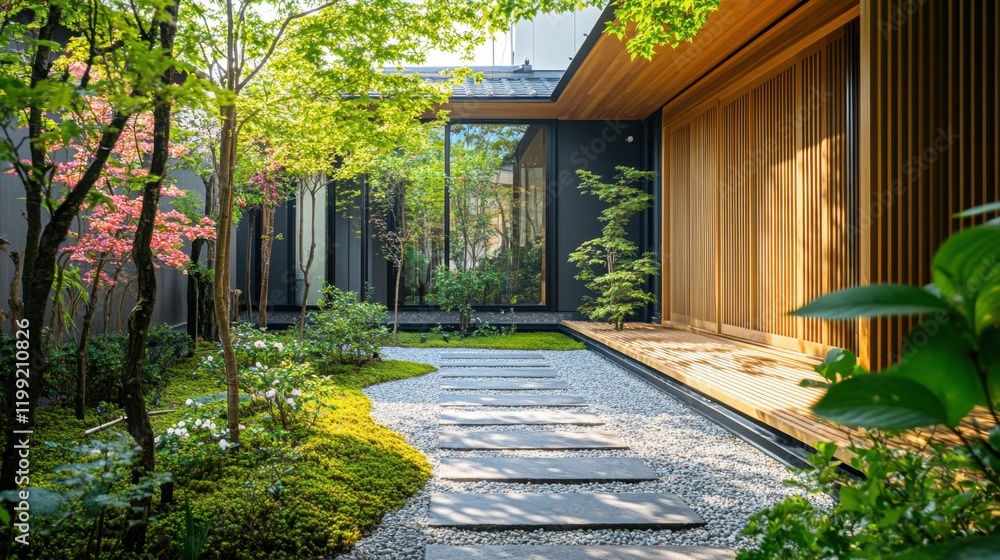 Obraz premium Serene Japanese garden path with lush green foliage, wooden fence, and sunlight filtering through. Perfect for peaceful, nature-themed visuals. 