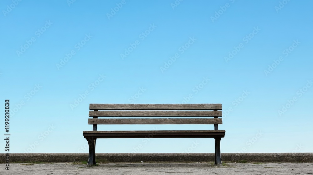 Empty wooden park bench against a clear blue sky. Empty wooden park bench against a clear blue sky.