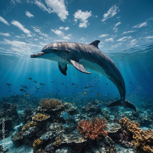 Wallpaper Mural A dolphin in a surreal ocean landscape with crystal-shaped corals. Torontodigital.ca