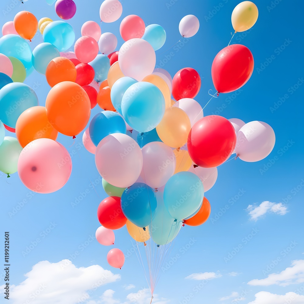 Obraz premium Vibrant Colorful Balloons Floating Freely Against a Bright Blue Sky in a Scenic Tranquil Outdoor Landscape