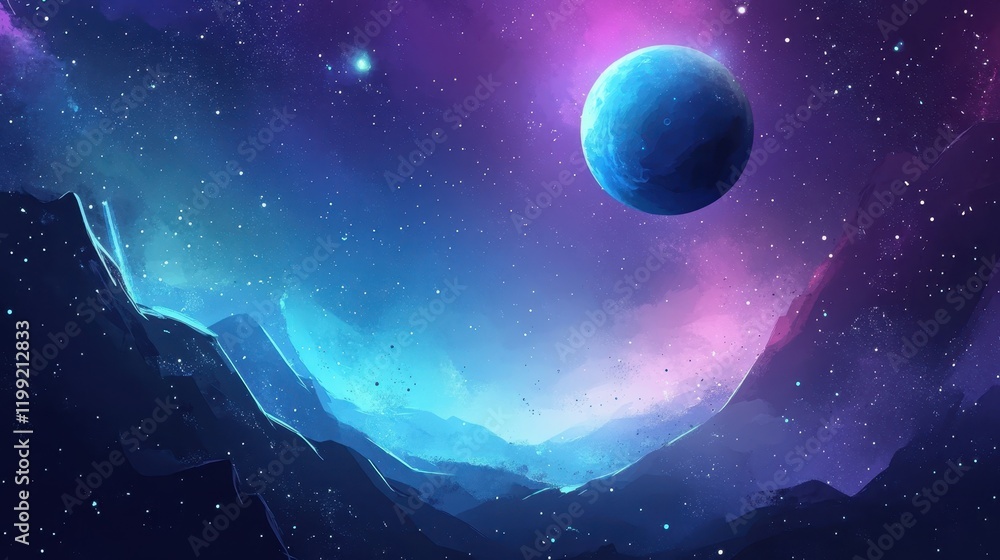 Celestial Landscape Featuring A Blue Planet And Starry Night Sky Celestial Landscape Featuring A Blue Planet And Starry Night Sky