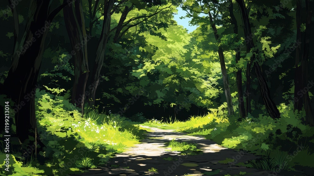 Obraz premium Sunlit Path Through Lush Green Forest Trees