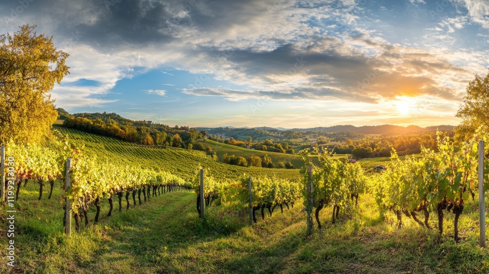 Naklejka premium A panoramic view of a vineyard during harvest season, Vineyard scene, Winemaking tradition style