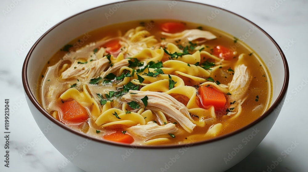 Warm bowl of chicken noodle soup with vibrant vegetables and her Warm bowl of chicken noodle soup with vibrant vegetables and her