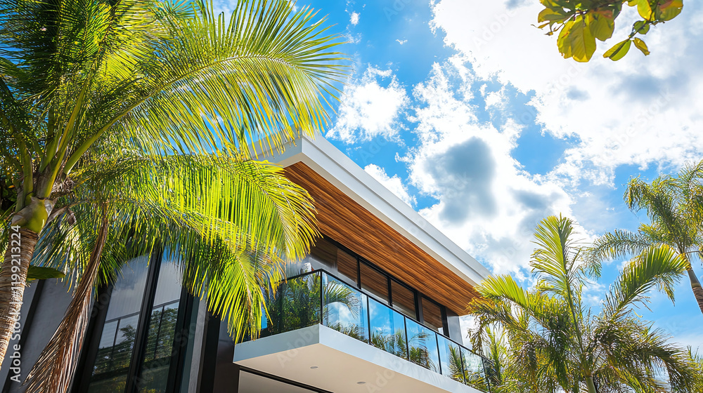 Fototapeta premium Beautiful modern luxury villa in tropical resort with palm trees on sunny day