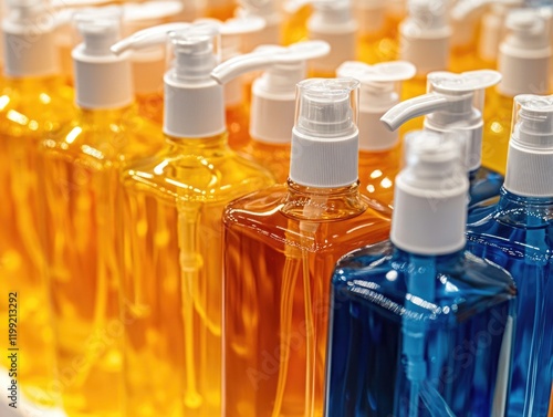 Variety of sanitizers in plastic bottles. Includes pump dispensers for soap and handwash.