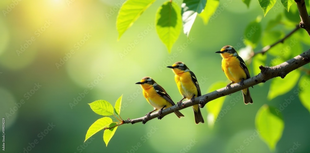 Sunny day, many small birds perched on tree branch , summer, wildlife, bright