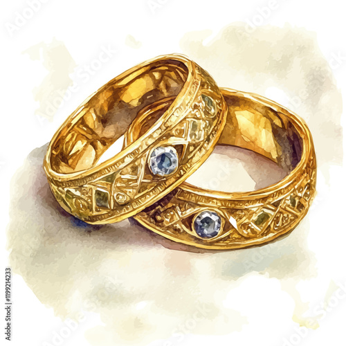 A watercolor vector painting of Victorian gold rings that appear elegant and timeless, isolated on a white background. Victorian gold rings vector.

