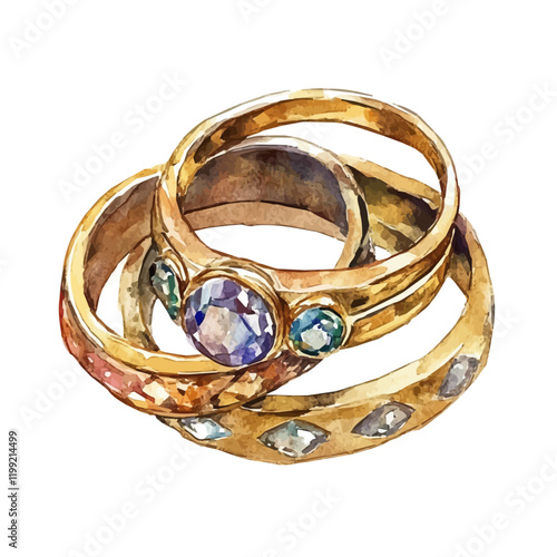 A watercolor vector painting of Victorian gold rings that appear elegant and timeless, isolated on a white background. Victorian gold rings vector.

