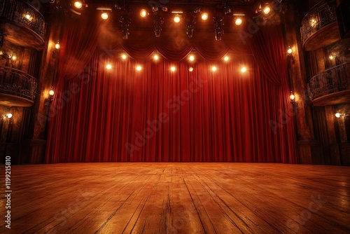 Theatrical anticipation empty stage grand theatre performance setup dramatic atmosphere close-up creative vibes