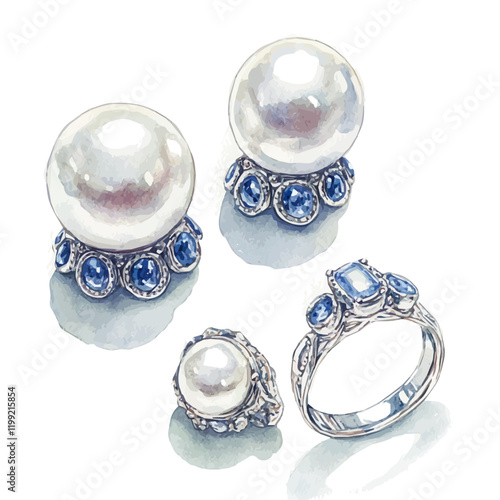 A watercolor vector painting of an opulent Akoya pearl collection earrings and ring set, isolated on a white background. Akoya pearl collection vector.

