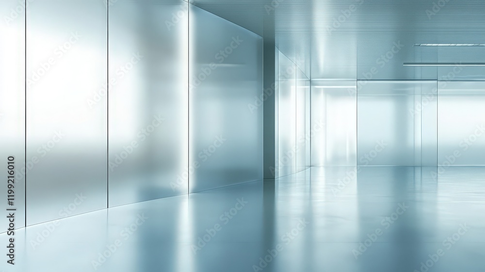 Obraz premium Modern minimalist hallway with metallic walls and glossy reflective floor
