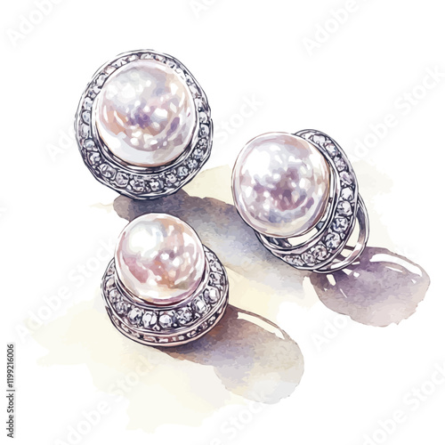 A watercolor vector painting of an opulent Akoya pearl collection earrings and ring set, isolated on a white background. Akoya pearl collection vector.

