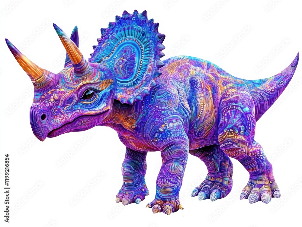 Obraz premium a creative depiction of a baby triceratops, vibrant purple skin with subtle cyan patterns, looking curious