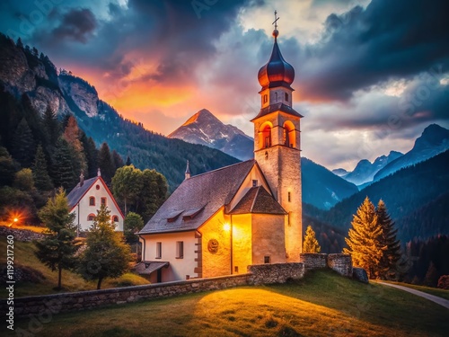 South Tyrol Church at Dusk: Low Light Photography, San Cassiano, Italy photo