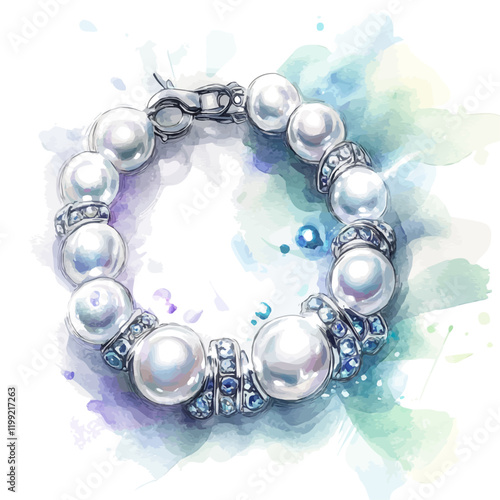 A watercolor vector painting of an opulent Akoya pearl collection jewelry bracelet, isolated on a white background. Akoya pearl bracelet vector.

