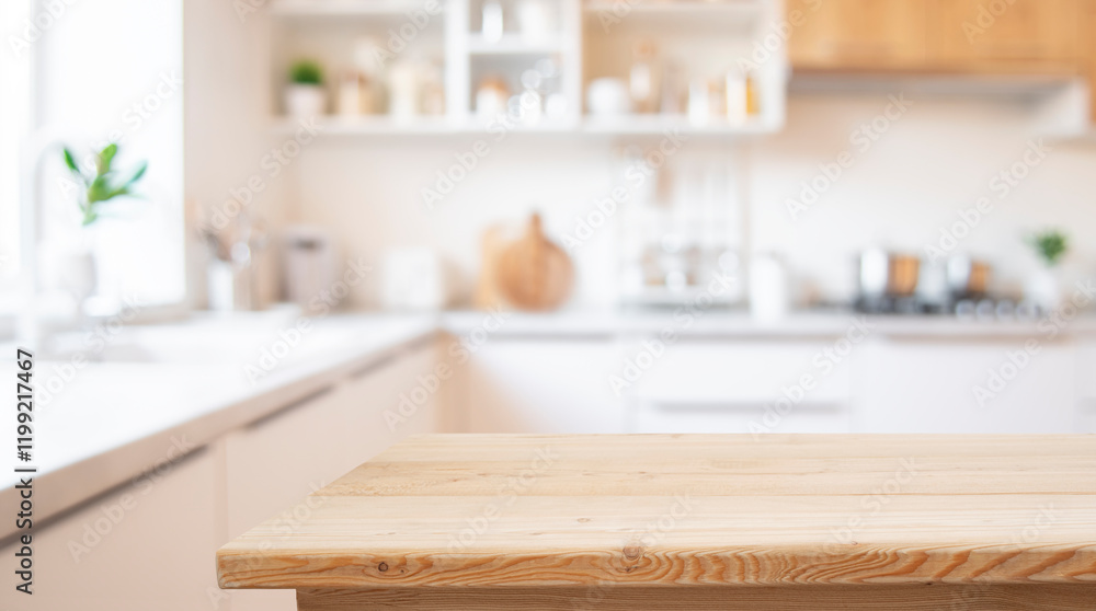 Fototapeta premium Blank wooden table with blur white interior of kitchen as background