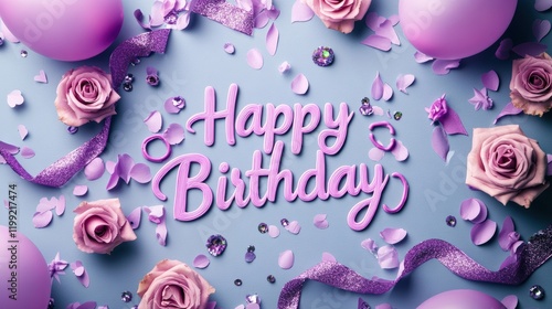 Enchanting pastel purple birthday card design with roses and balloons celebratory theme festive environment creative viewpoint