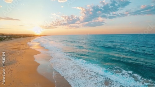 Tranquil beach sunset scene coastal location nature photography serene environment aerial viewpoint capturing natural serenity