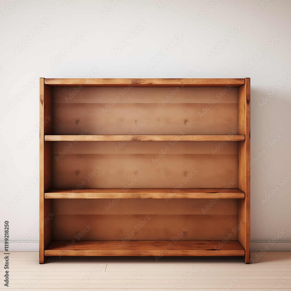 Empty Wooden Bookshelf against White Wall Empty Wooden Bookshelf against White Wall