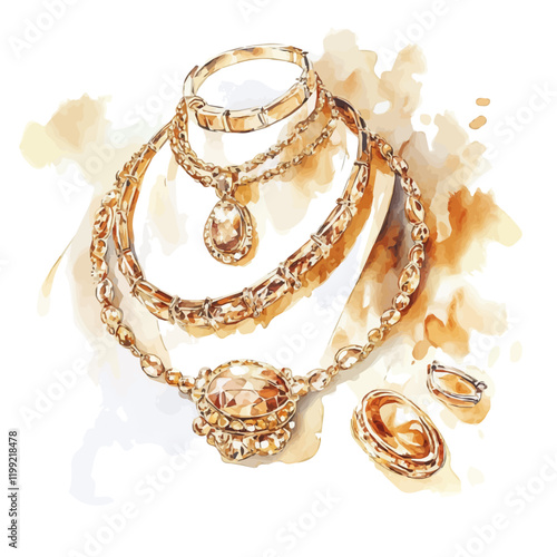 A watercolor vector painting highlighting the warm tones of classic gold jewelry, showcasing its elegance and richness, isolated on a white background. Classic gold jewelry vector.

