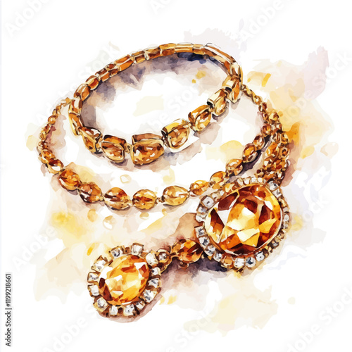 A watercolor vector painting highlighting the warm tones of classic gold jewelry, showcasing its elegance and richness, isolated on a white background. Classic gold jewelry vector.

