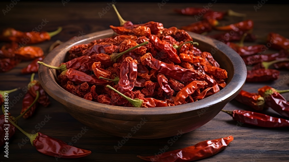 Close up shot of a bowl filled with various dried chili peppers arranged on a textured wooden surface The image showcases the vibrant colors unique textures Close up shot of a bowl filled with various dried chili peppers arranged on a textured wooden surface The image showcases the vibrant colors unique textures