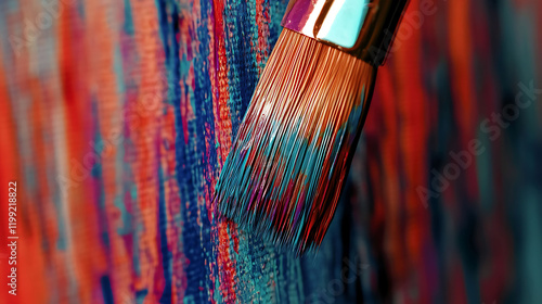 Vibrant closeup of a paintbrush laden with rich, multicolored paint strokes on a textured canvas.  Perfect for projects related to art, creativity, design, and painting tutorials. photo