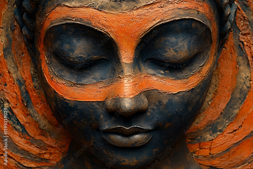 Abstract representation of Buddha crafted with geometric shapes, embodying a modern and spiritual concept, featuring a minimalistic design with calming and serene tones.