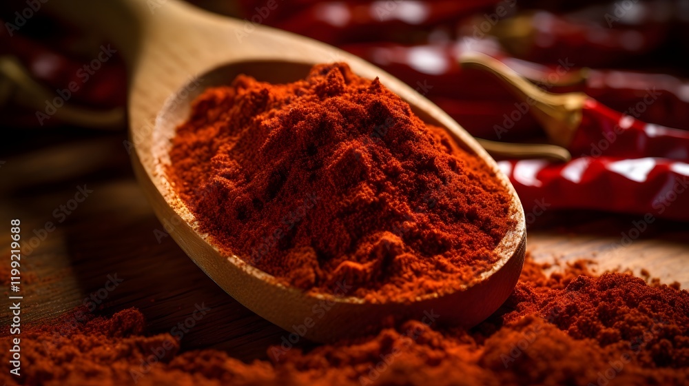 Detailed close up shot of freshly ground chili powder in a rustic wooden spoon with whole red chilies placed nearby on a neutral background Detailed close up shot of freshly ground chili powder in a rustic wooden spoon with whole red chilies placed nearby on a neutral background