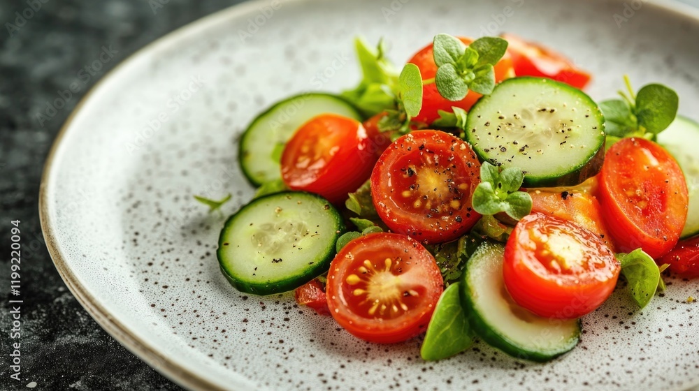 Fresh salad featuring vibrant tomatoes and crisp cucumbers garni Fresh salad featuring vibrant tomatoes and crisp cucumbers garni