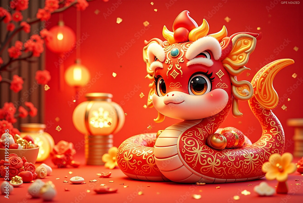 Fototapeta premium Fiery Red Phoenix Snake - Bold Lunar New Year Illustration with Gold and Flame Accents