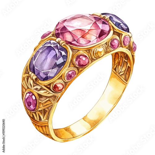 A watercolor vector painting capturing the unique beauty of antique gold rings with gemstones in delicate strokes, isolated on a white background. Antique gold rings vector.

