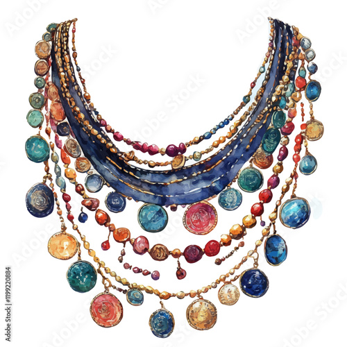 A watercolor vector painting showcasing the traditional design of coin necklaces, isolated on a white background. Coin necklaces vector.


