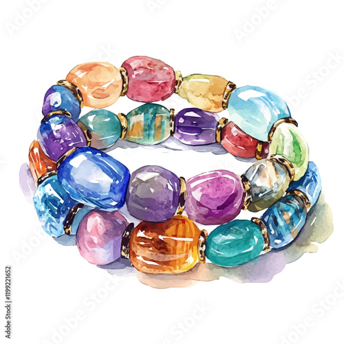 A watercolor vector painting showcasing the strokes that accentuate the beauty of each colorful stone in the bracelets, isolated on a white background. Colorful stone bracelets vector.

